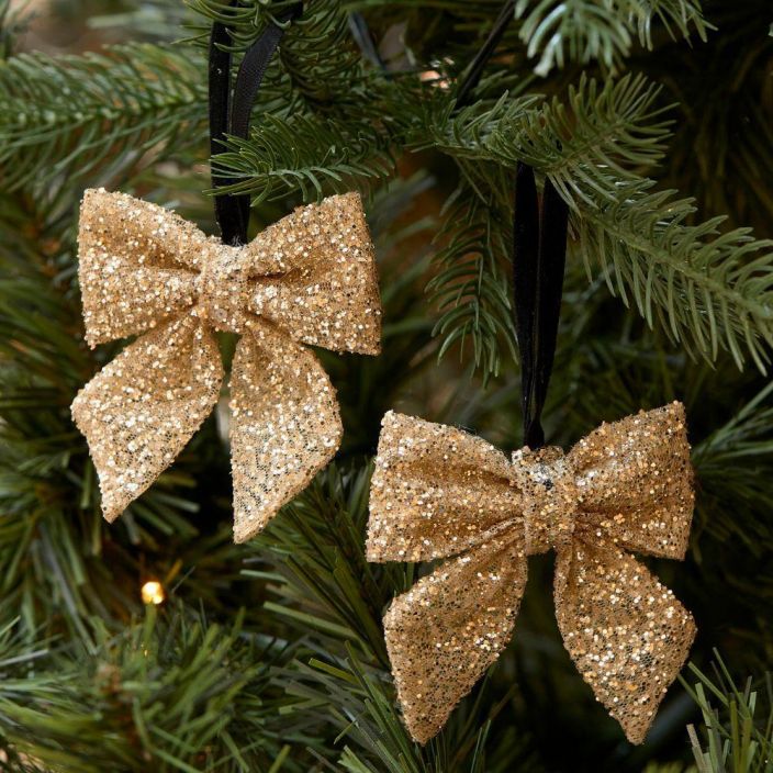 Mini Bow Ornament gold 2 pieces Riviera Maison – set of two shiny bows with black velvet hanging string. 16 x 9 x 3cm
